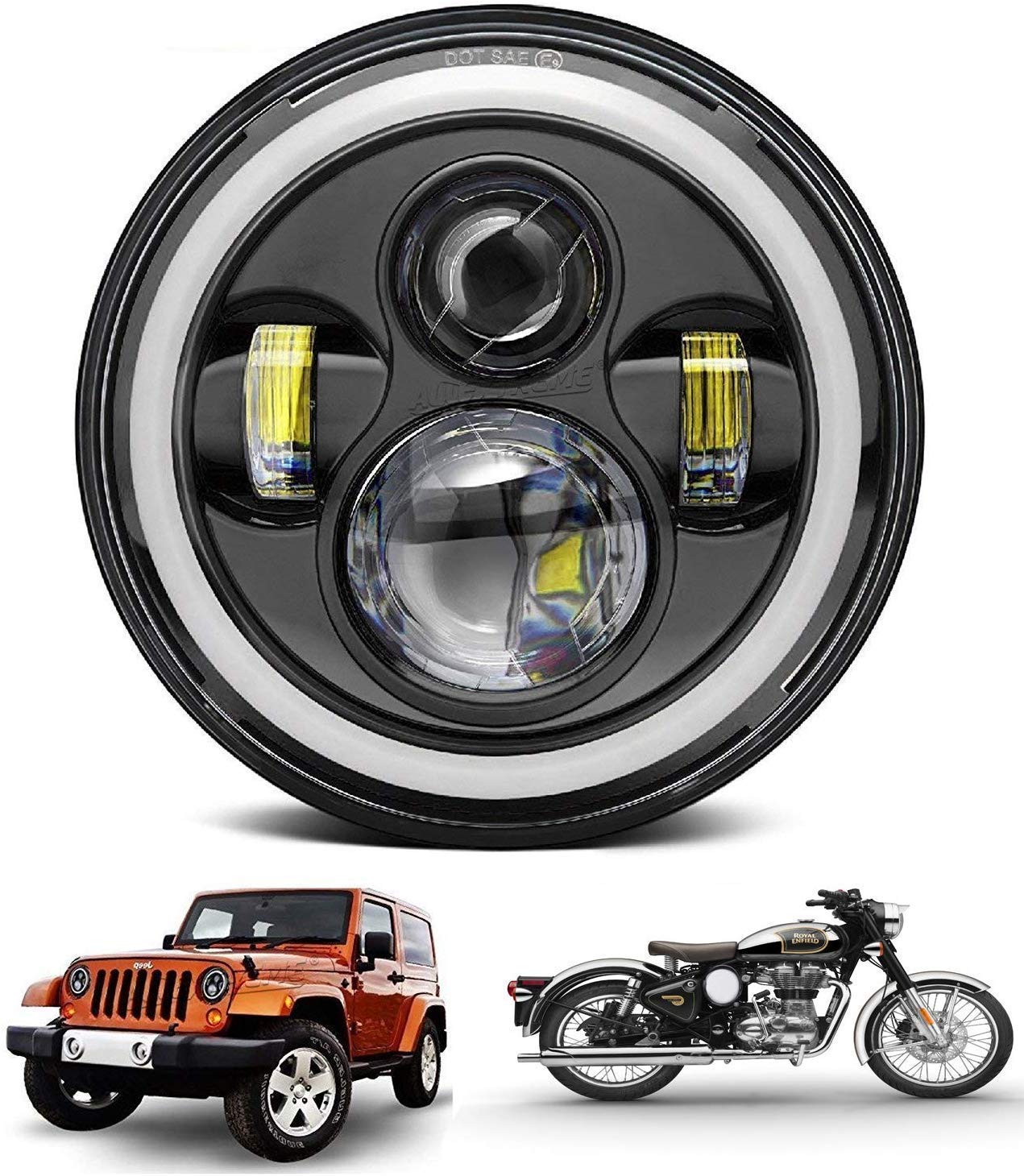 Headlight DRL with Full Ring Angel Eye Projector Light for All Royal Enfield Bikes (7 inch), LED, White, Orange