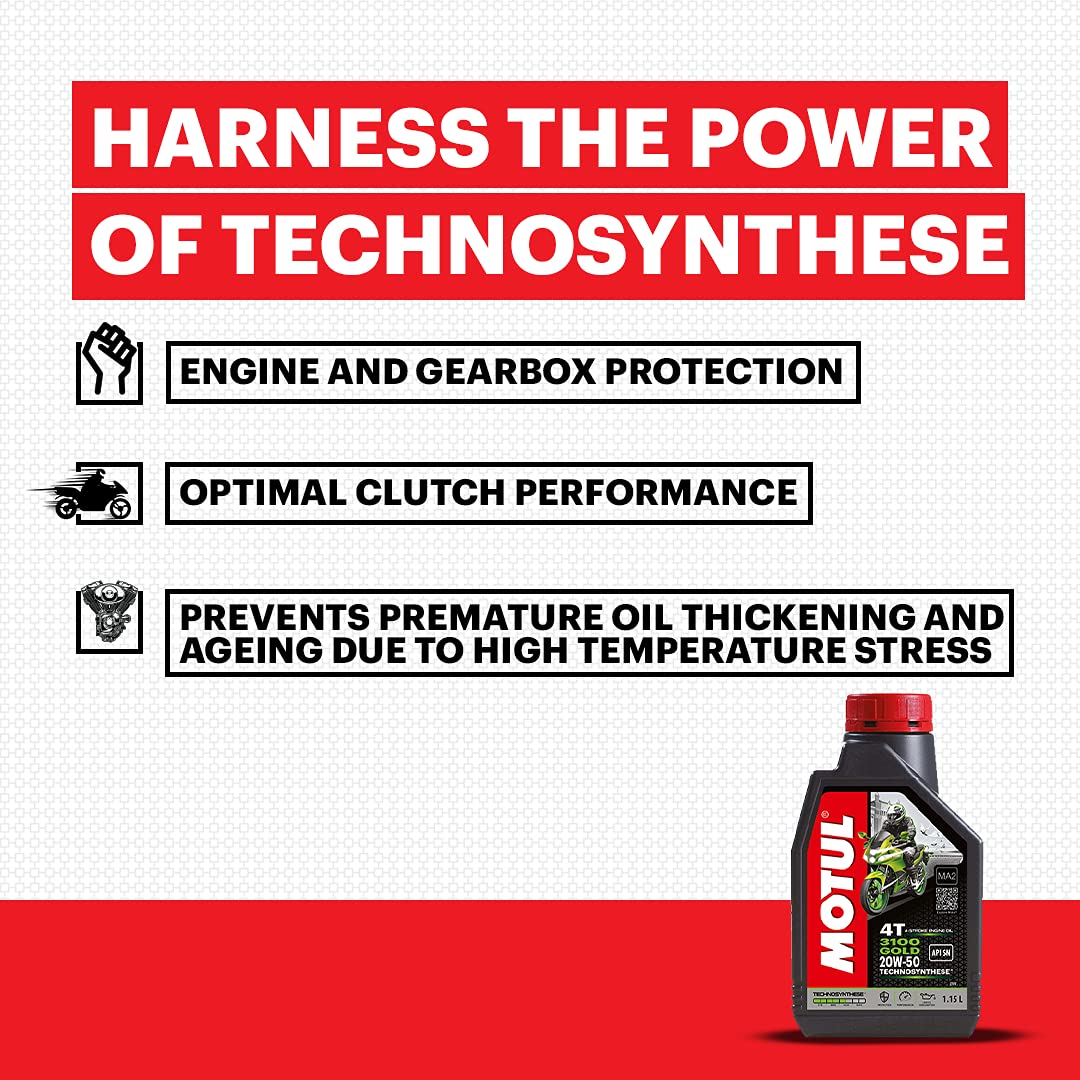 Motul 3100 4T Gold 20W50 API SN Technosynthese High Performance Semi Synthetic Engine Oil for Bikes (1.2 L)