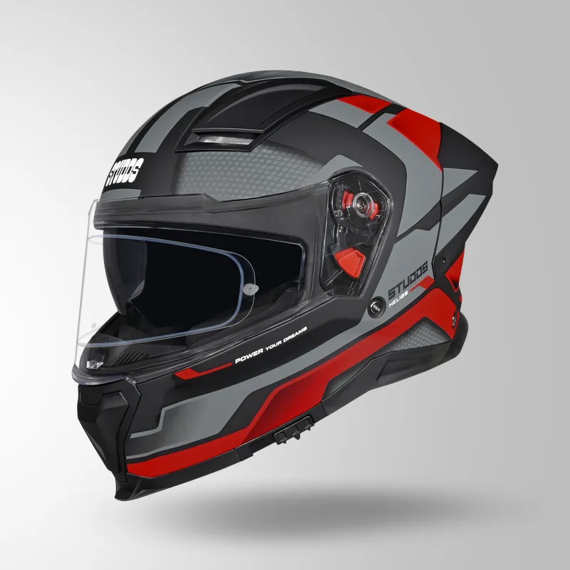 STUDDS Helios Asphalt D1 MATT RED GREY Helmet – ISI Certified | Dual Visor | Anti-Fog 100 Technology | Lightweight ABS Shell