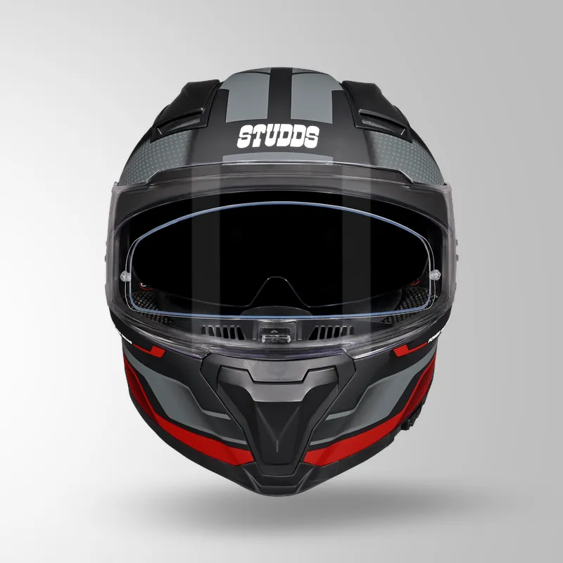 STUDDS Helios Asphalt D1 MATT RED GREY Helmet – ISI Certified | Dual Visor | Anti-Fog 100 Technology | Lightweight ABS Shell
