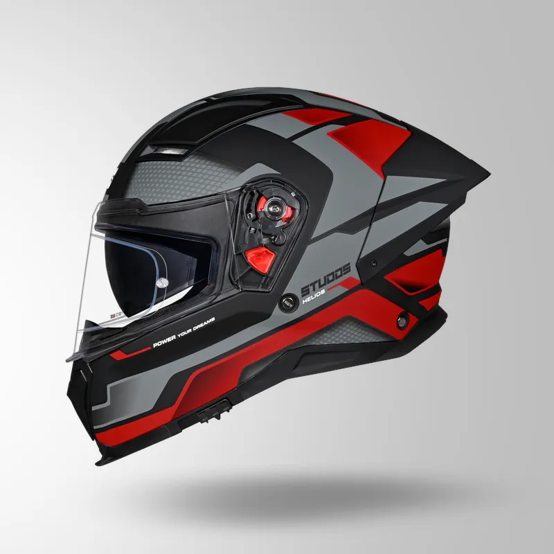 STUDDS Helios Asphalt D1 MATT RED GREY Helmet – ISI Certified | Dual Visor | Anti-Fog 100 Technology | Lightweight ABS Shell