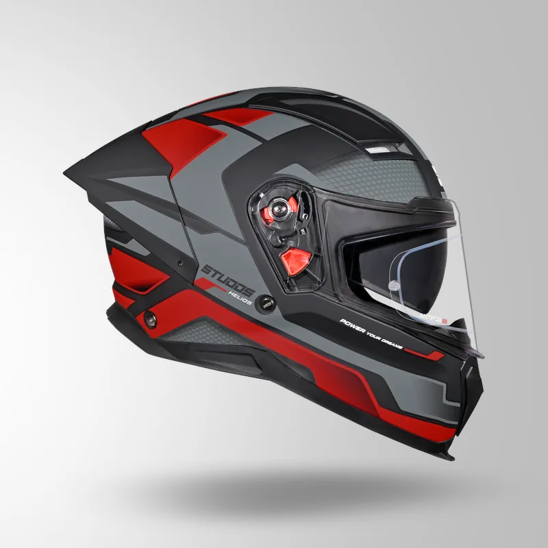 STUDDS Helios Asphalt D1 MATT RED GREY Helmet – ISI Certified | Dual Visor | Anti-Fog 100 Technology | Lightweight ABS Shell